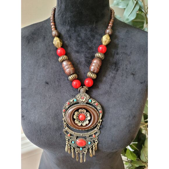 Unbranded Jewelry - Women's Bohemian Antique Brass Statement Necklace With Lobster Clasp Red Beads